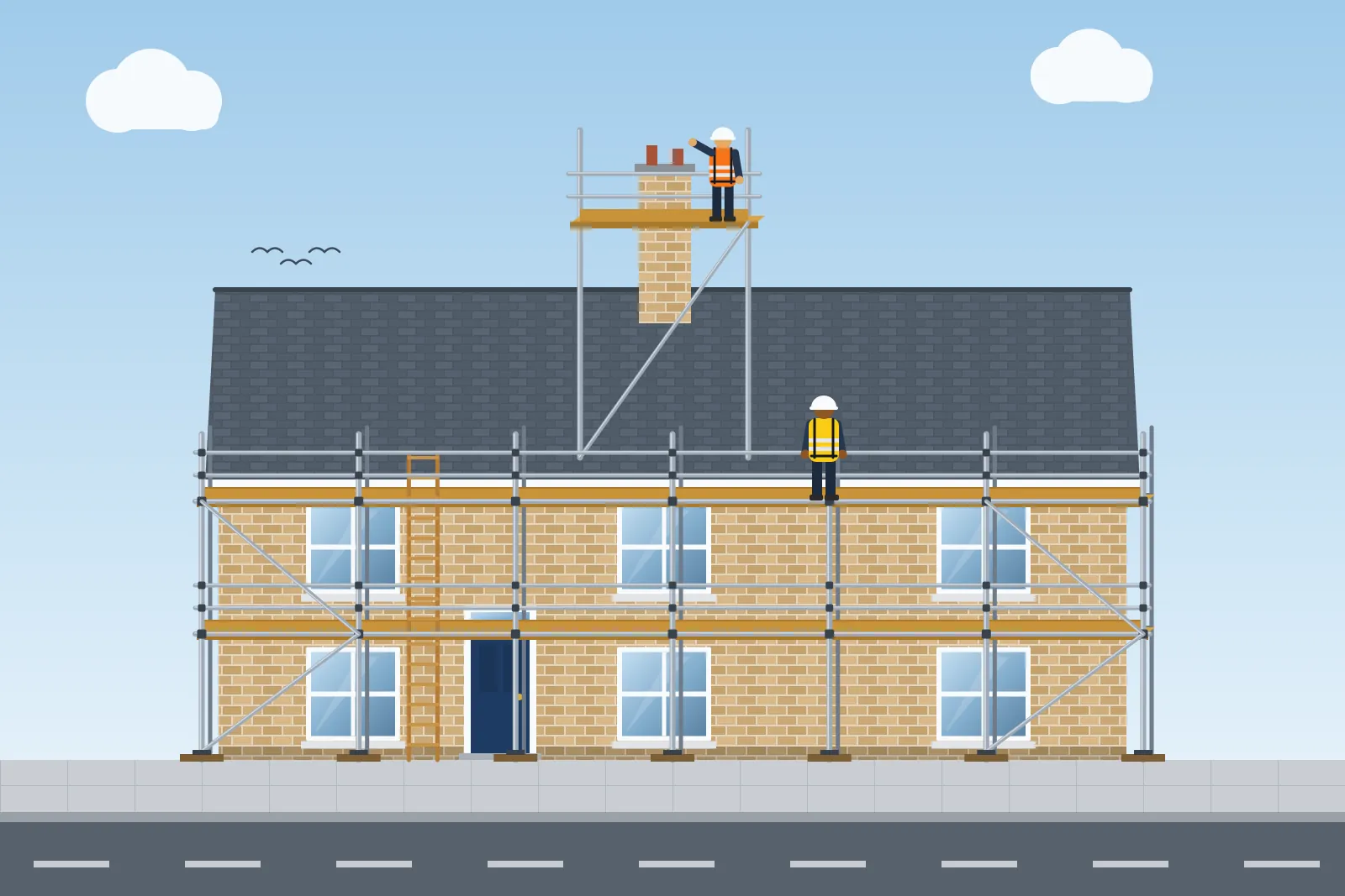 Illustration of a chimney scaffold with a boarded platform and guardrails around a chimney stack