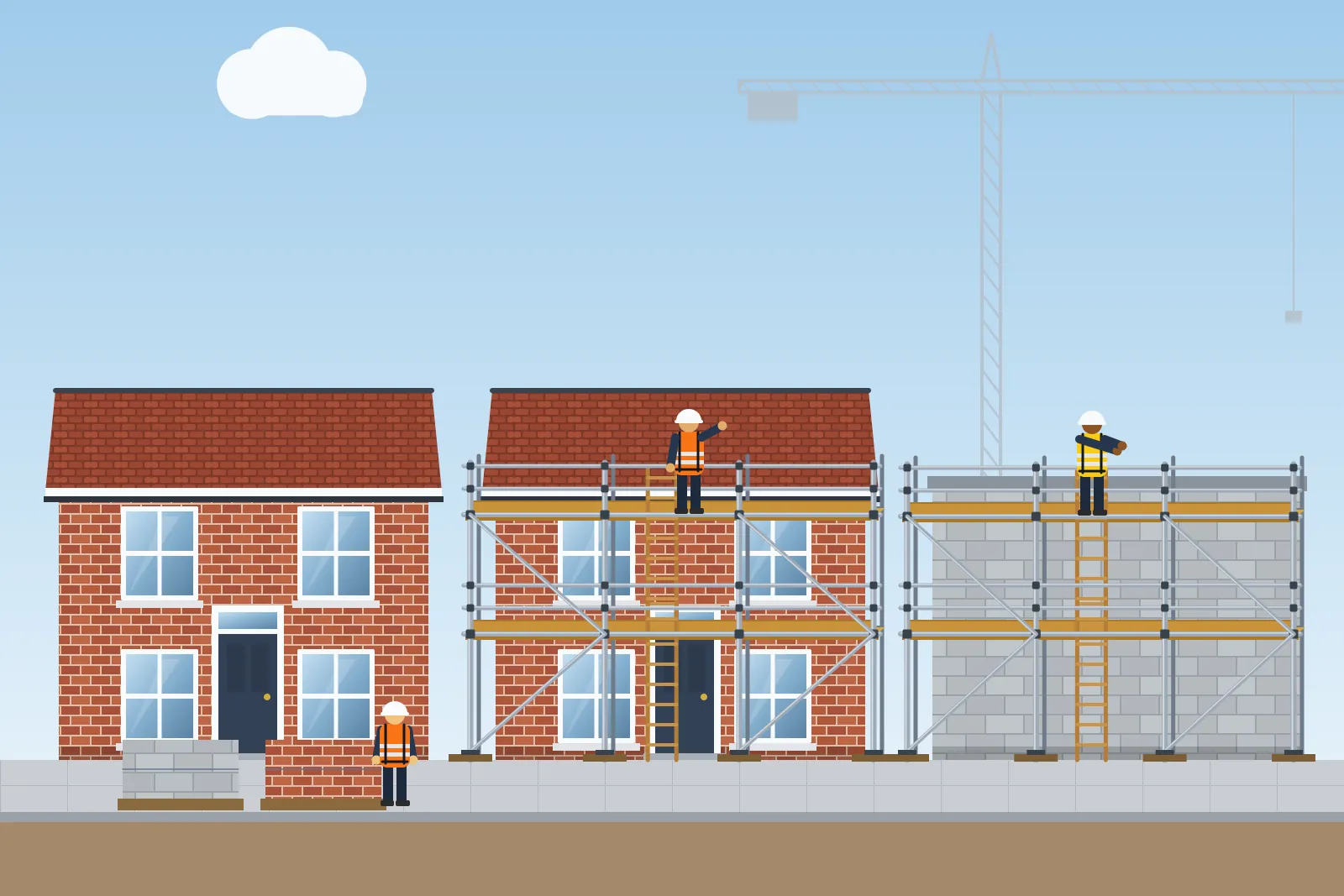 Illustration of scaffolding on new-build houses on a construction site with a tower crane
