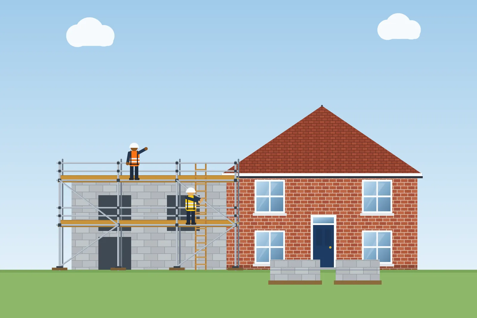 Illustration of scaffolding around a two-storey blockwork house extension under construction