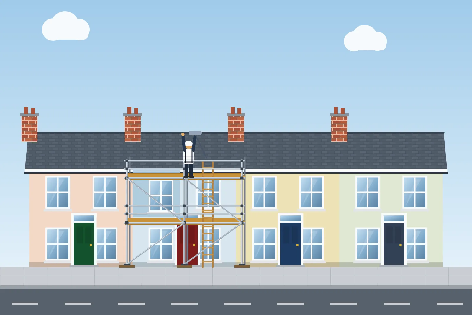 Illustration of a decorator working from scaffolding on the front of a painted terraced house