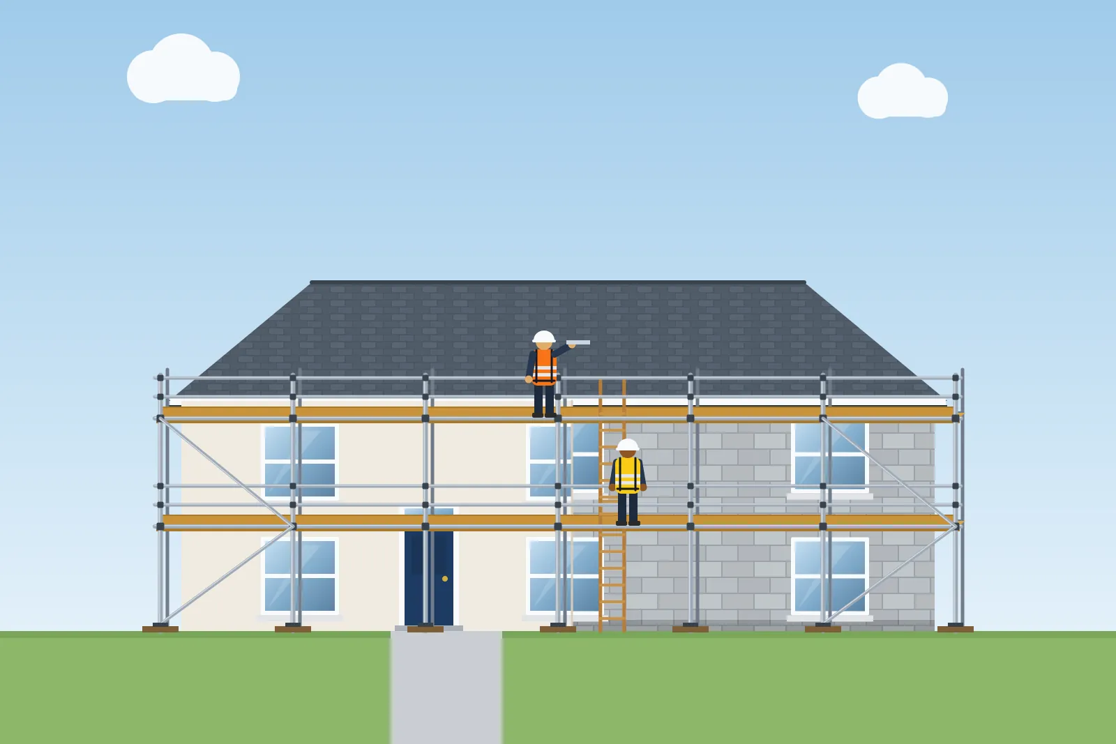 Illustration of scaffolding on a house that is part-way through being rendered