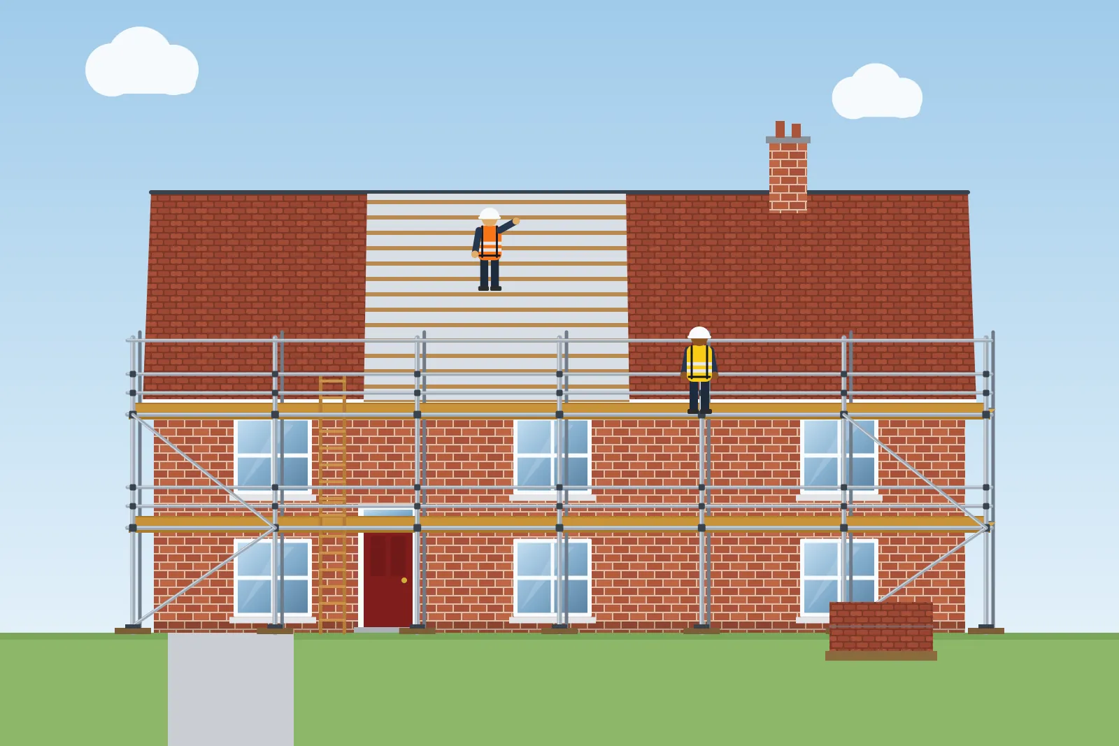 Illustration of roof scaffolding with edge protection at the eaves while a roofer works on stripped battens