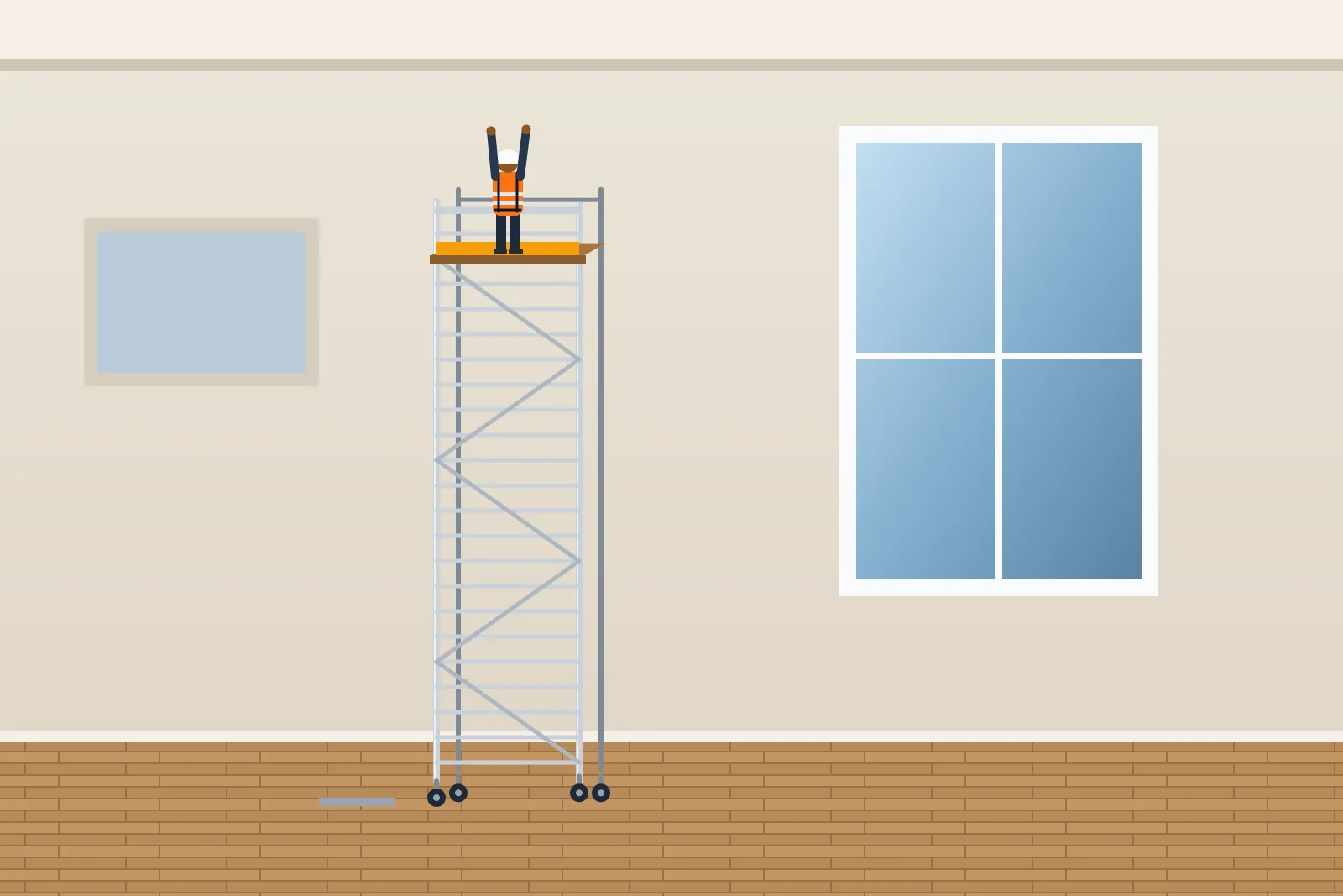 Illustration of a mobile scaffold tower being used to reach a high ceiling indoors