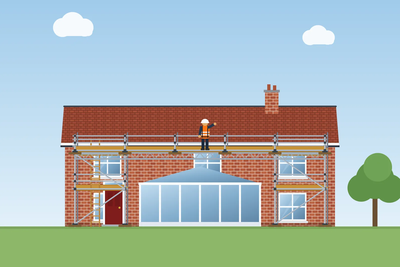 Illustration of a scaffold bridging over a conservatory to reach the roof of a house