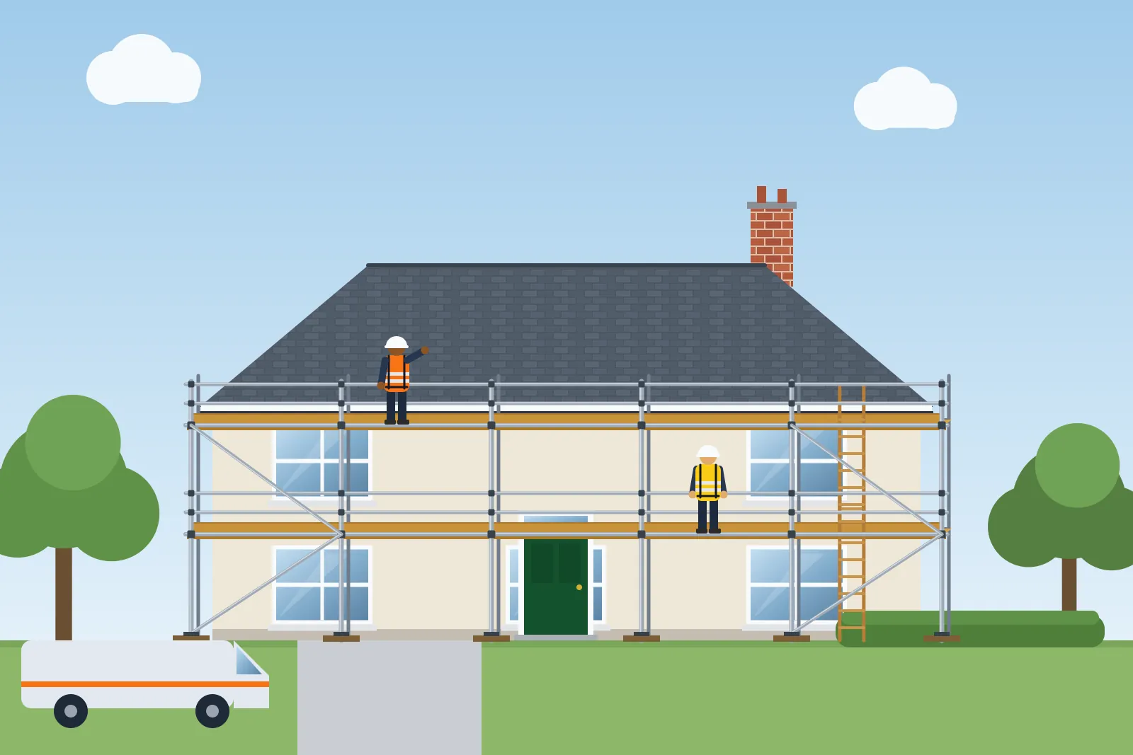 Illustration of scaffolding along the front of a rendered detached house with scaffolders on the top lift
