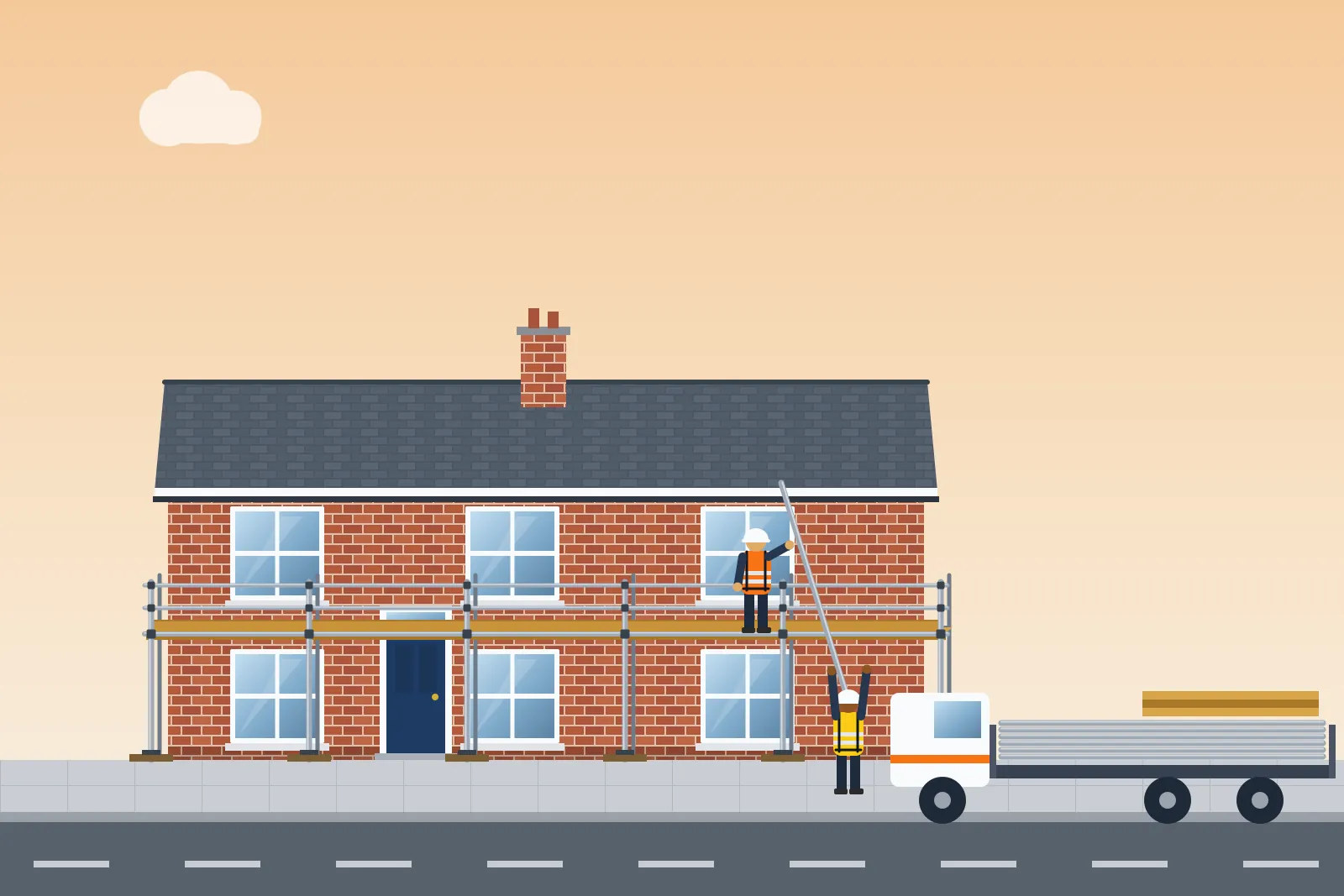Illustration of scaffolders dismantling scaffolding and loading tubes onto a lorry