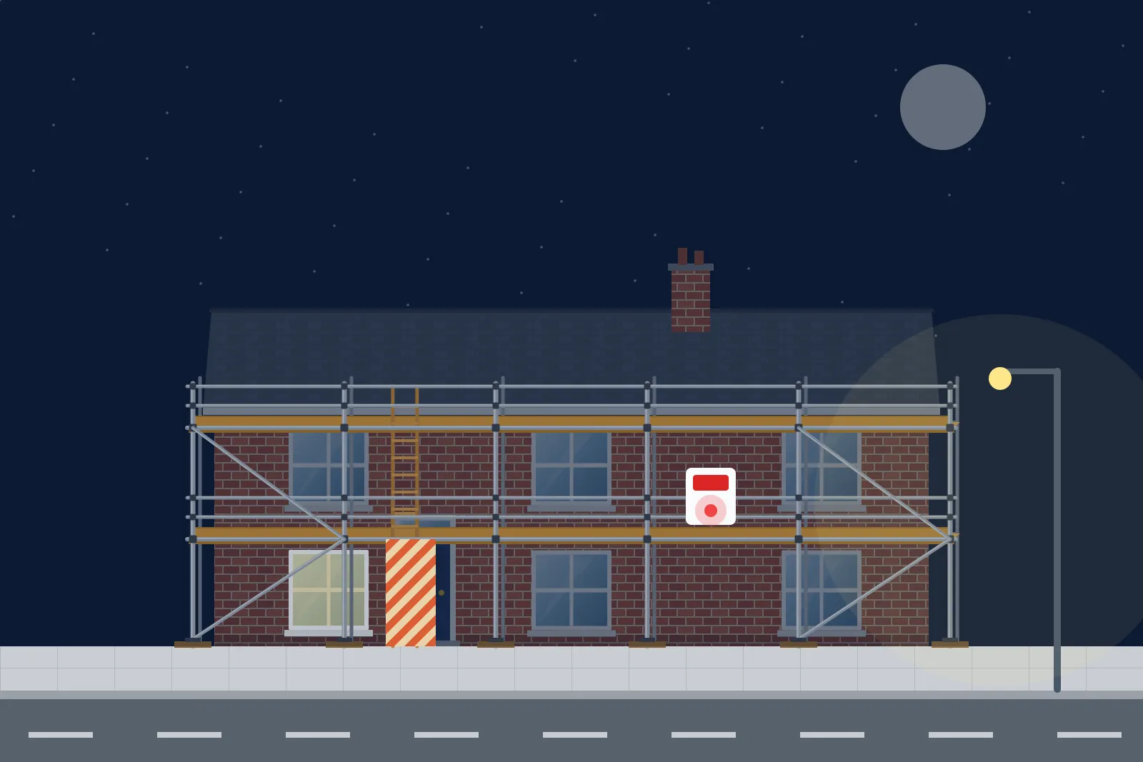 Illustration of a scaffolded house at night with a scaffold alarm and a boarded-off access ladder