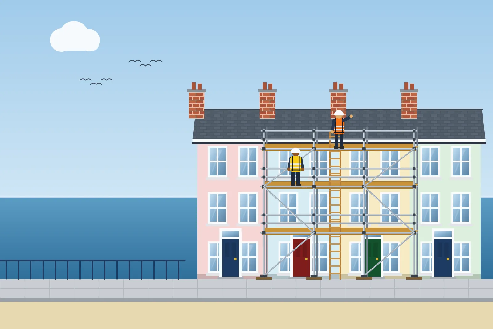 Illustration of scaffolding on a pastel-painted seafront terrace with the sea behind