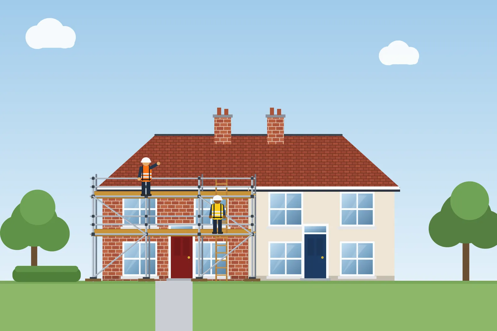 Illustration of two-lift scaffolding on one half of a pair of semi-detached houses
