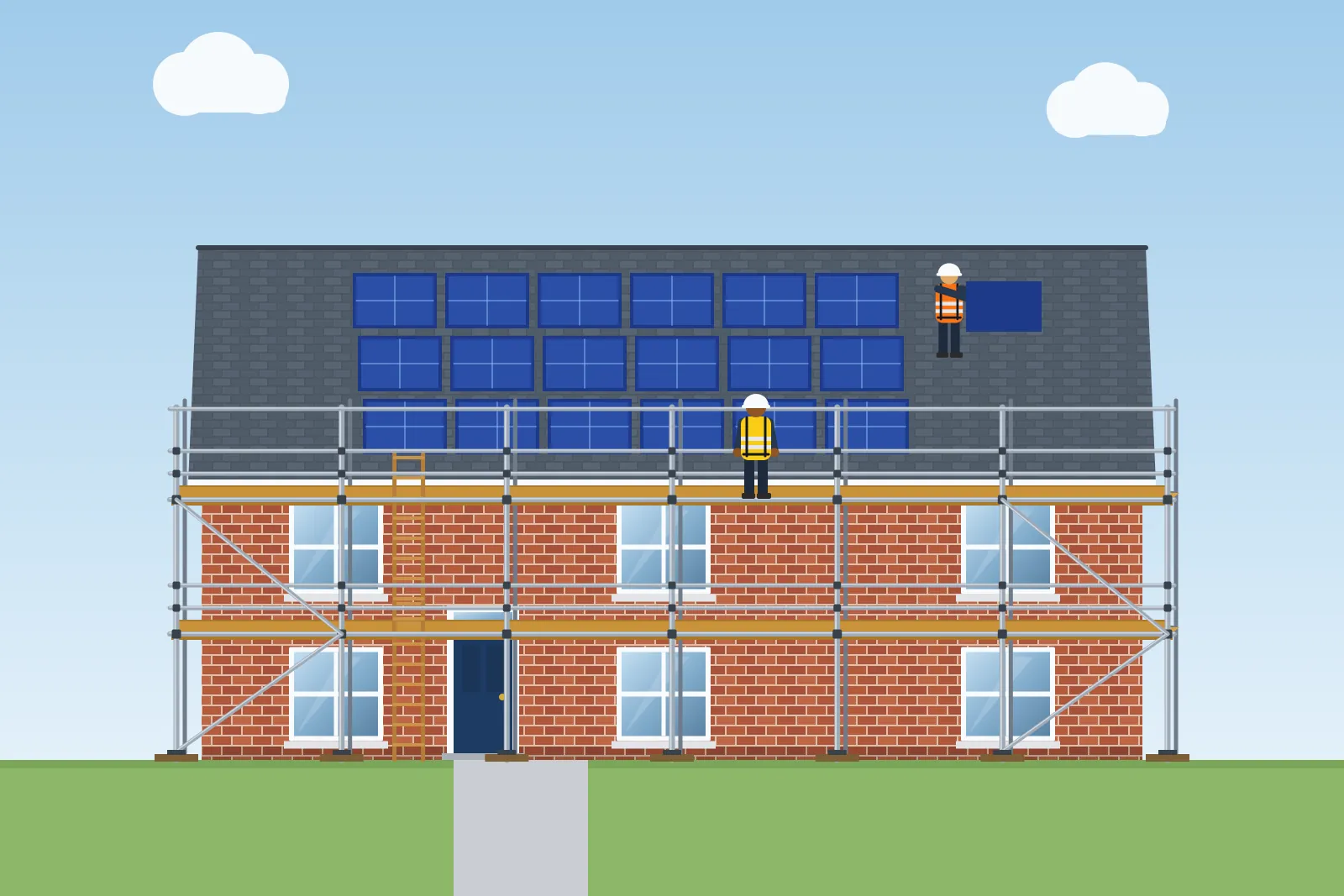 Illustration of roof scaffolding with edge protection while solar panels are installed on a house
