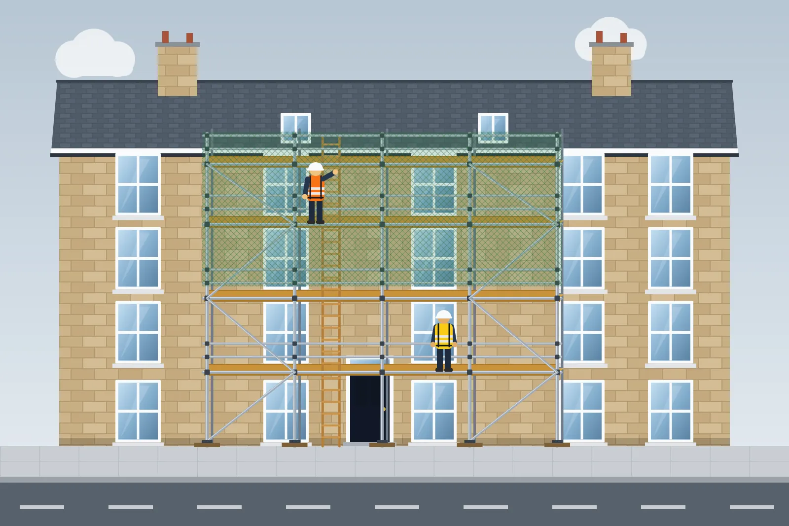 Illustration of scaffolding with green debris netting on the front of a four-storey sandstone tenement