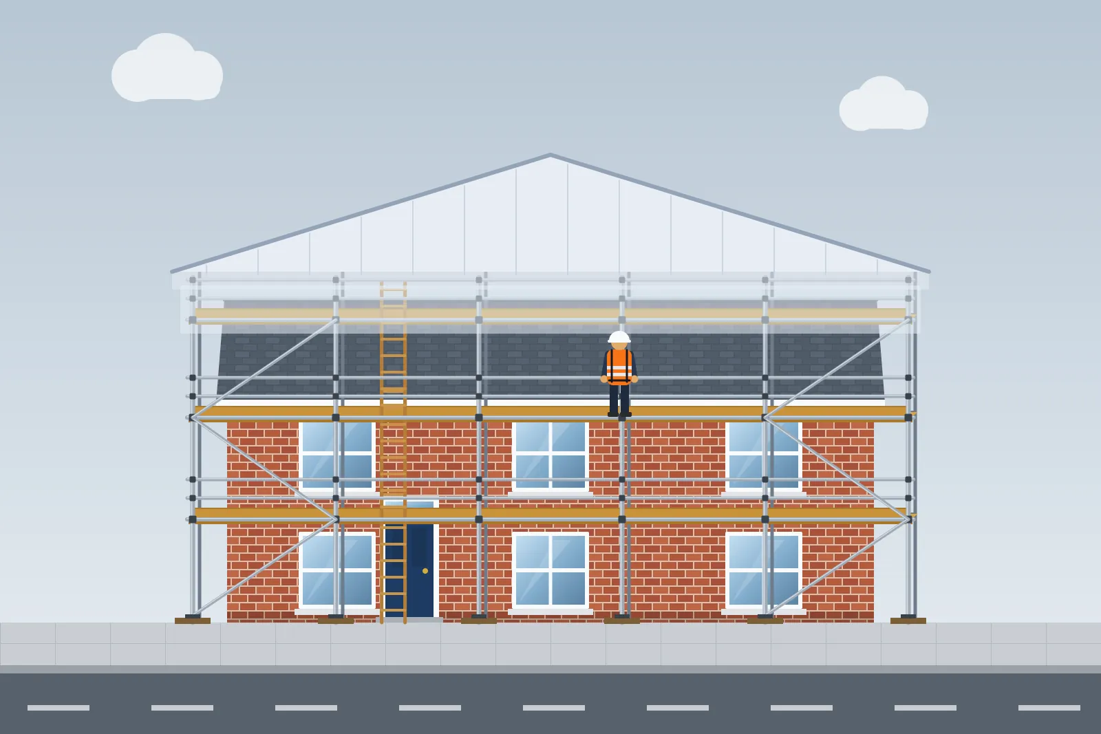 Illustration of a scaffold supporting a sheeted temporary roof over a house