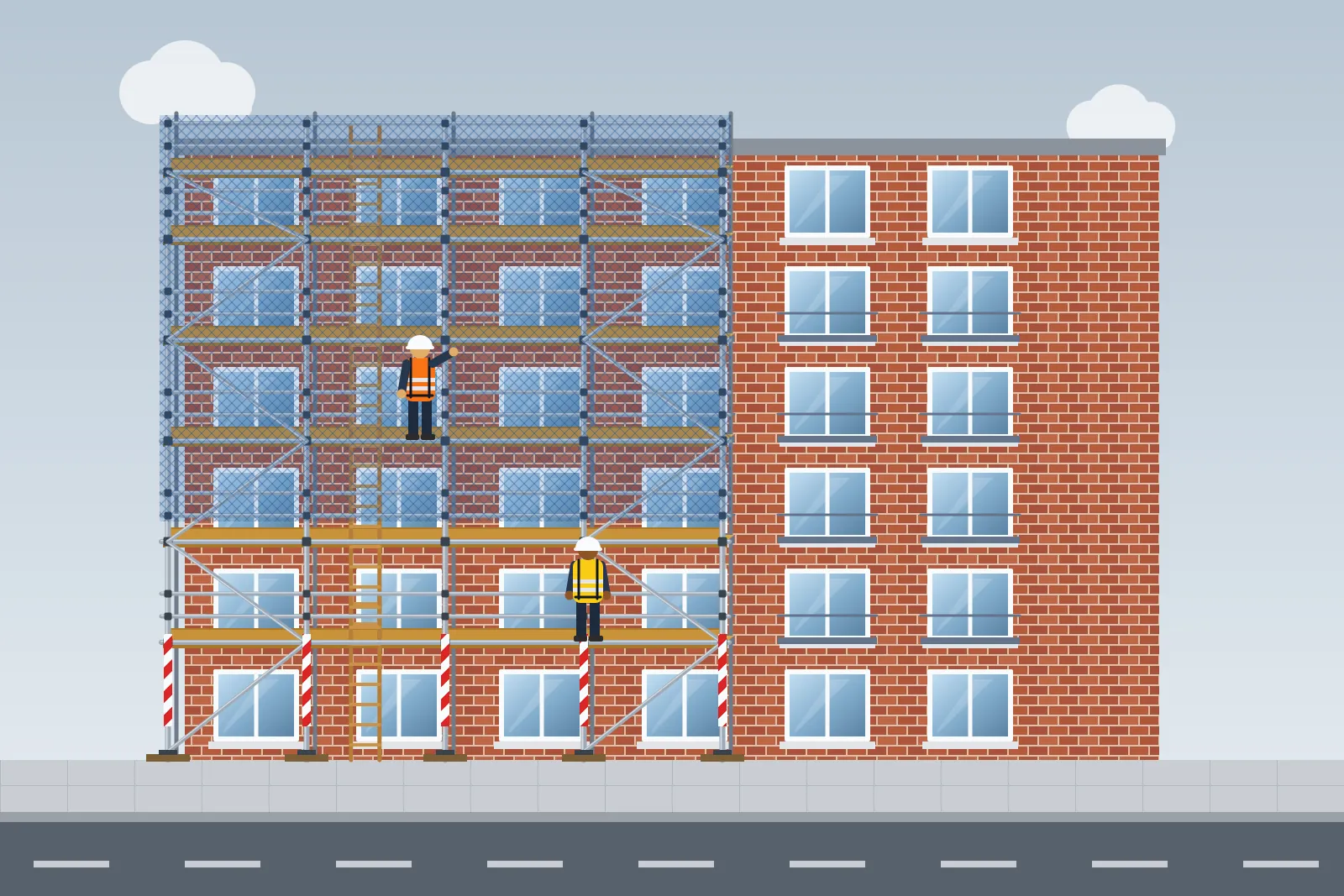 Illustration of netted multi-lift scaffolding on part of a six-storey block of flats