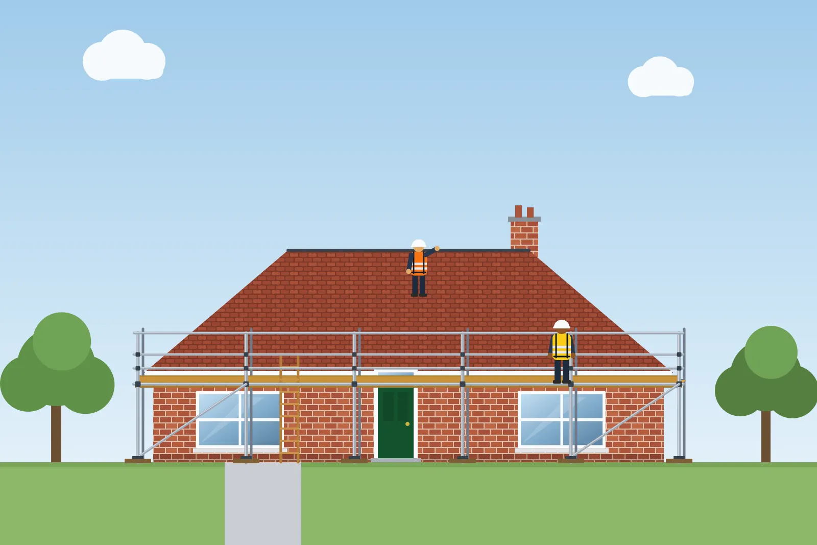 Illustration of a single-lift scaffold with edge protection around a brick bungalow during re-roofing