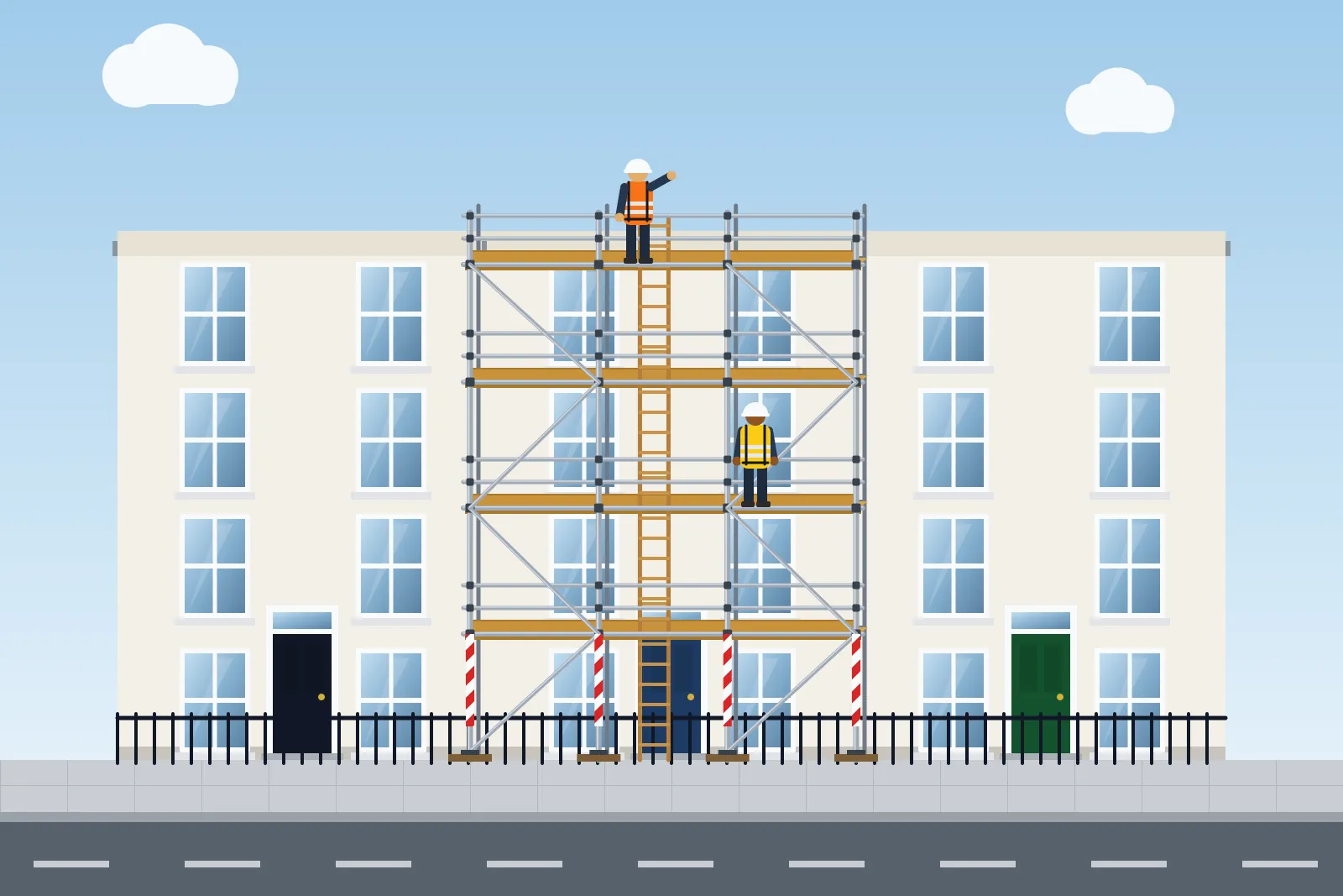 Illustration of tall scaffolding on a white-rendered Georgian townhouse with railings