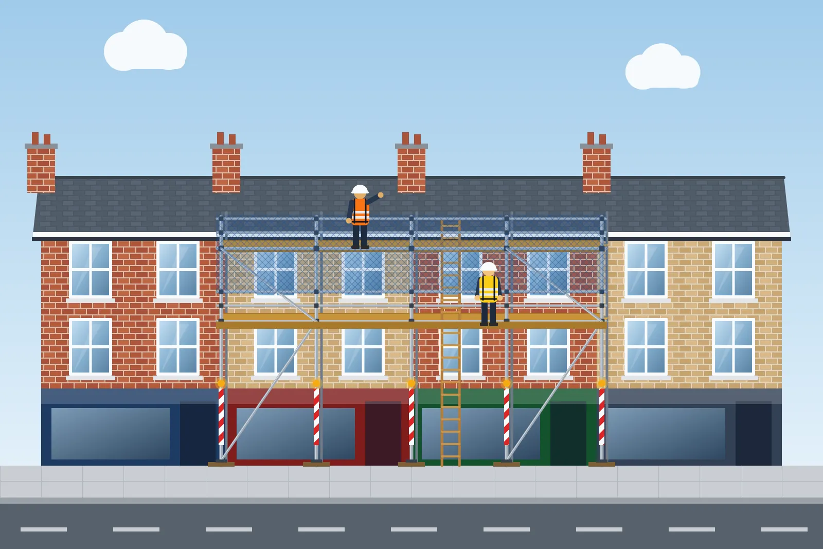 Illustration of pavement scaffolding with lights and netting over shopfronts and flats on a high street