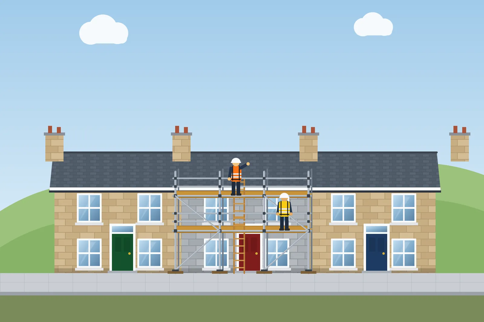 Illustration of scaffolding on a stone cottage in a terrace with hills behind