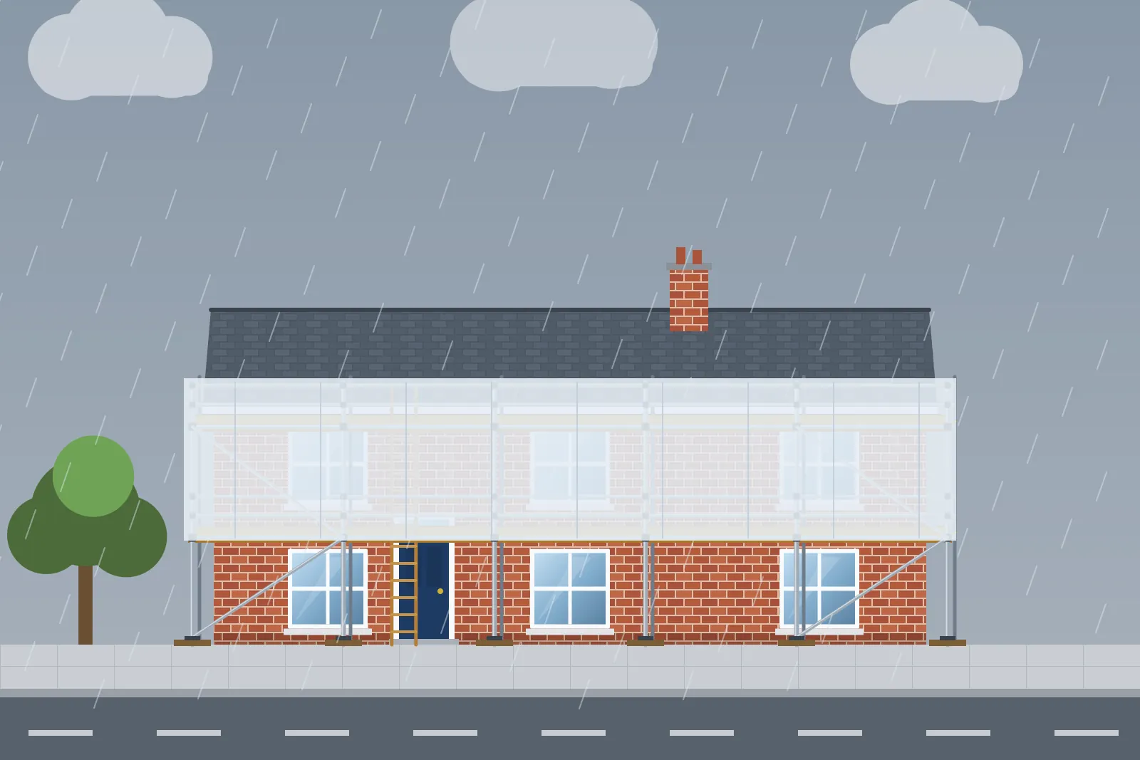 Illustration of a sheeted scaffold on a house in heavy rain and wind