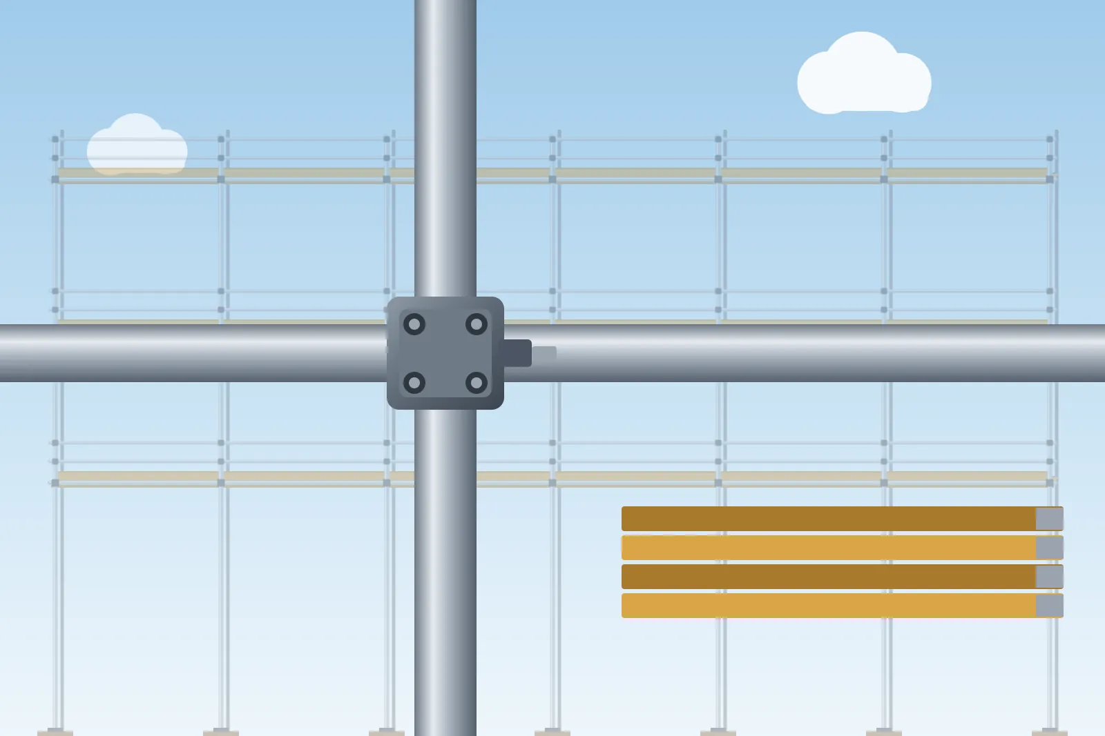 Illustration of scaffold tubes joined by a coupler, with scaffold boards stacked nearby