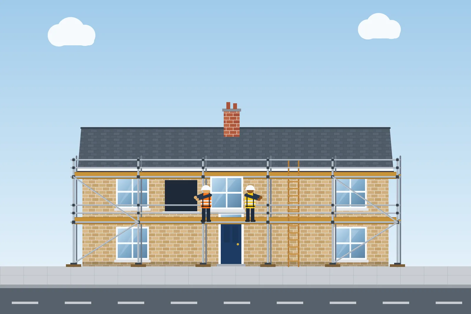 Illustration of window fitters carrying a new window along a scaffold on a brick house